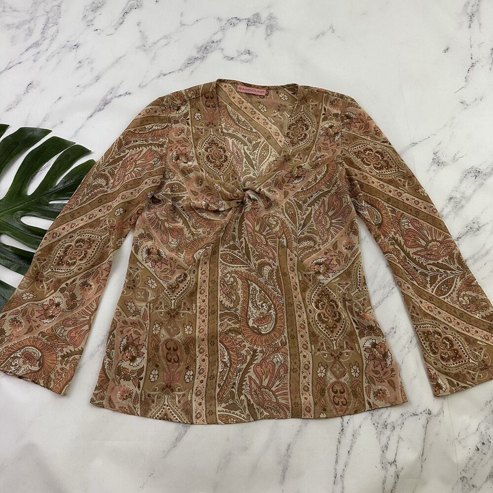 Bandolino Womens Vintage Y2k Peasant Top Sized M Brown Pink Paisley Floral Sheer